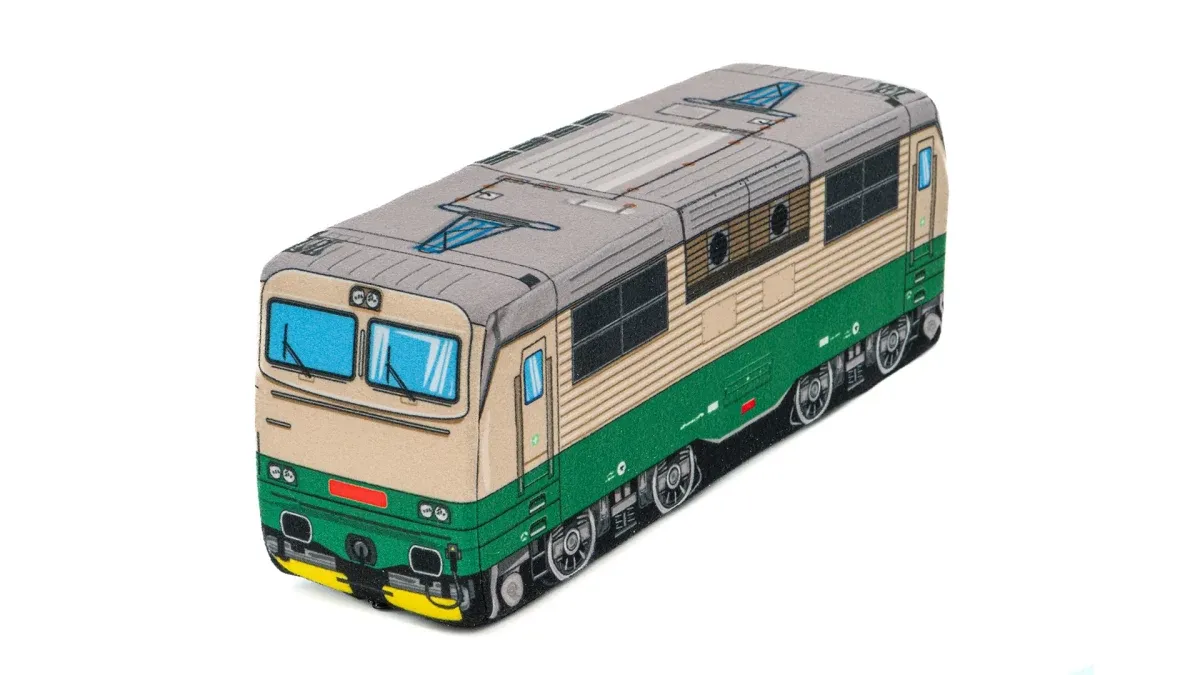 Cuscino in peluche con motivo della Locomotiva elettrica 151 'Banana'“